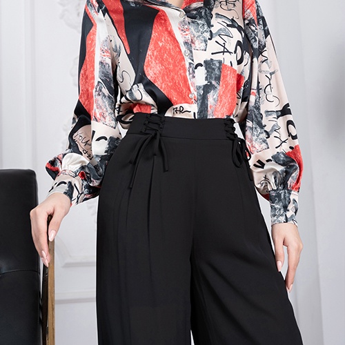 Quần culottes chiffon đen, ống rộng cạp đan dây cách điệu Toson 24024B52
