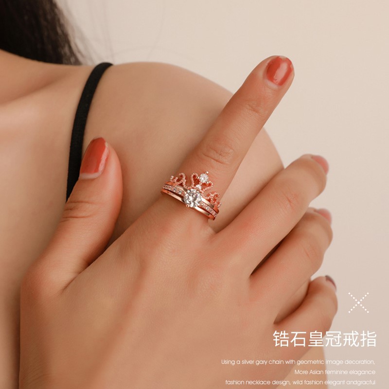 Nhẫn vương miện 2 lớp lồng vào nhau đính đá phong cách Hàn Quốc