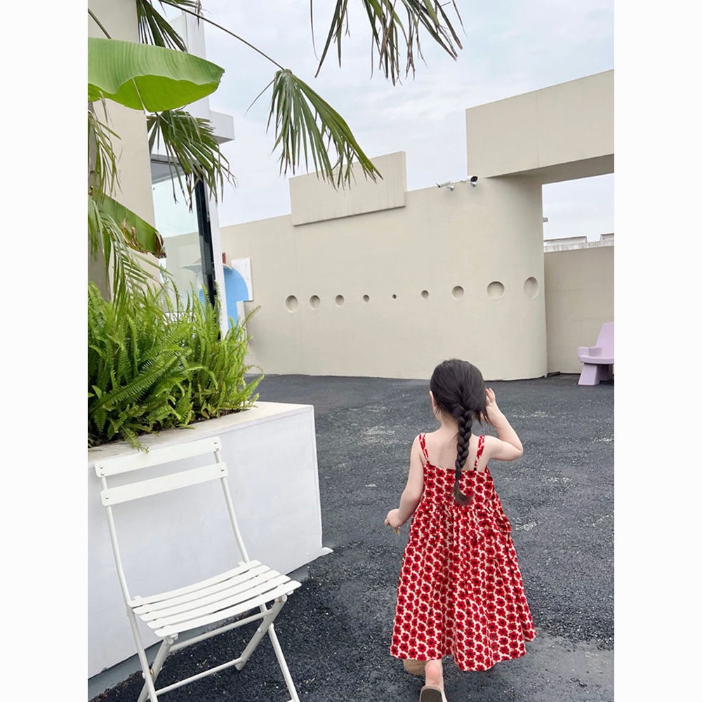 Đầm Mùa Hè Tay Cộc In Họa Tiết Hoa Đỏ Phong Cách Hàn Quốc Hợp Thời Trang Cho Bé Gái 5 Tuổi