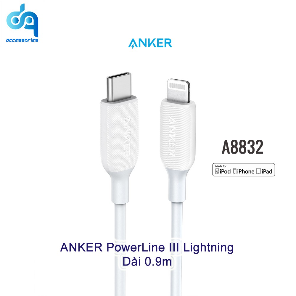 Cáp Anker PowerLine III USB-C ra Lightning - A8832 - Dài 0.9 m