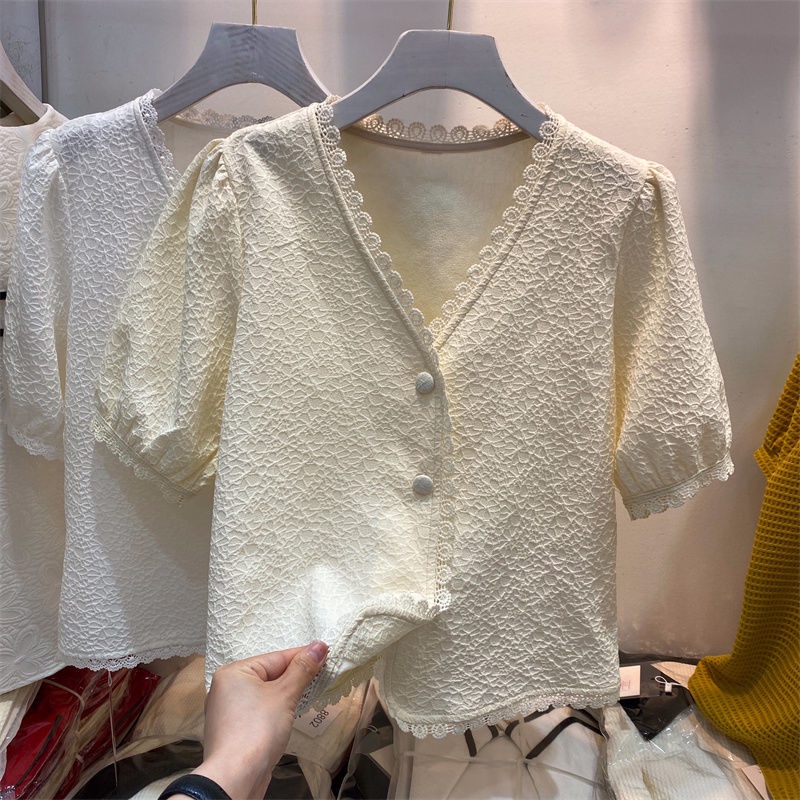 Áo Sơ Mi Ngắn Tay Cổ Chữ V Phối Ren Thiết Kế Mới Thời Trang Mùa Hè Dành Cho Nữ