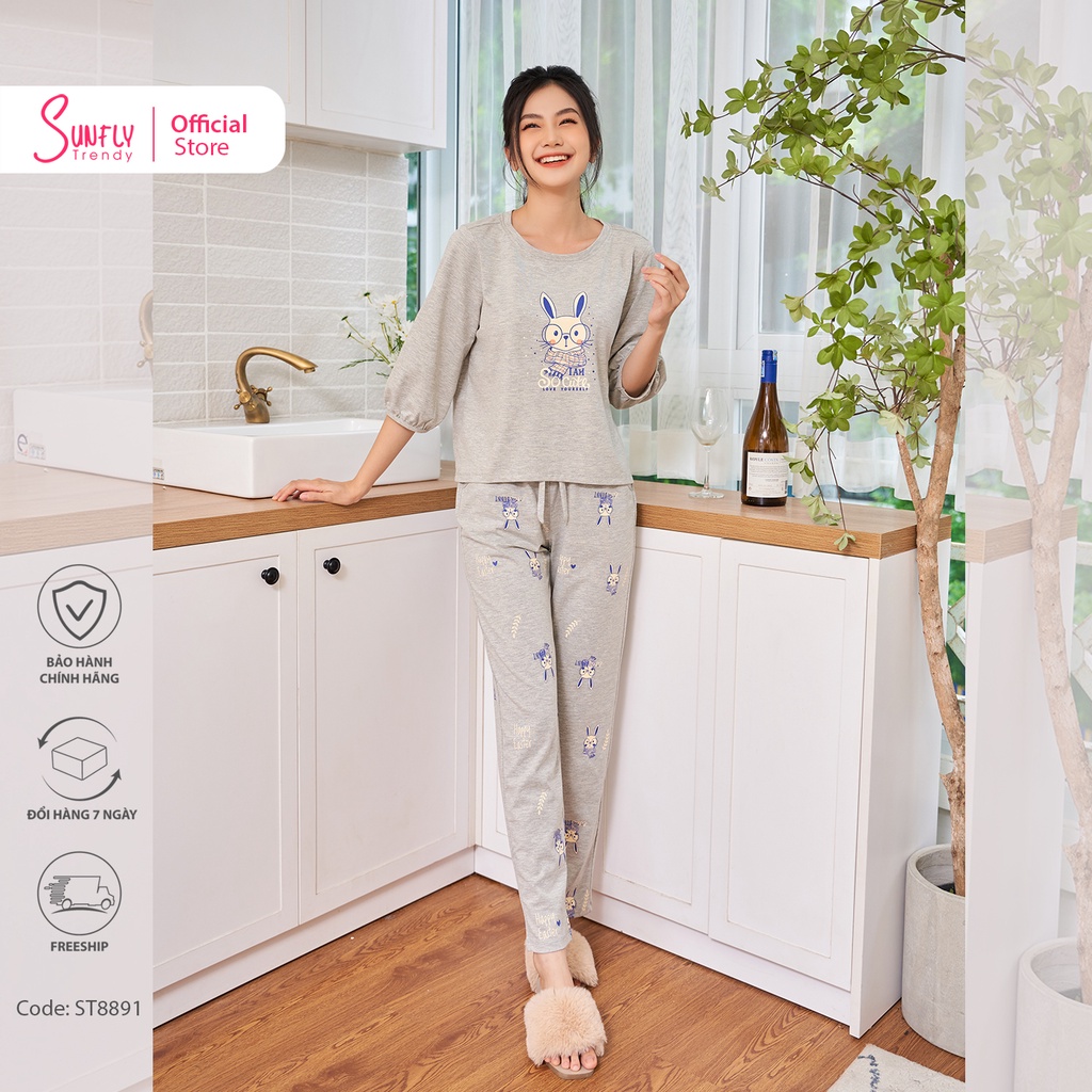 Bộ mặc nhà nữ cotton SUNFLY áo tay lỡ, quần dài ST8891