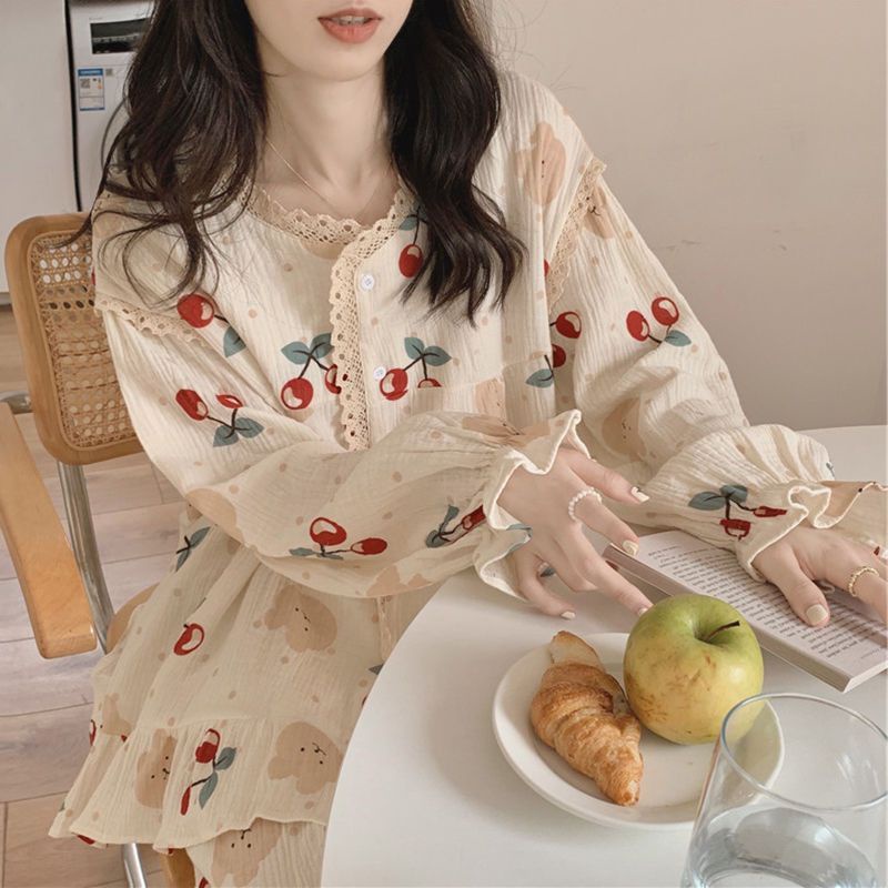 Bộ ngủ cute hình cherry cổ phối ren tay bo, pyjama dễ thương