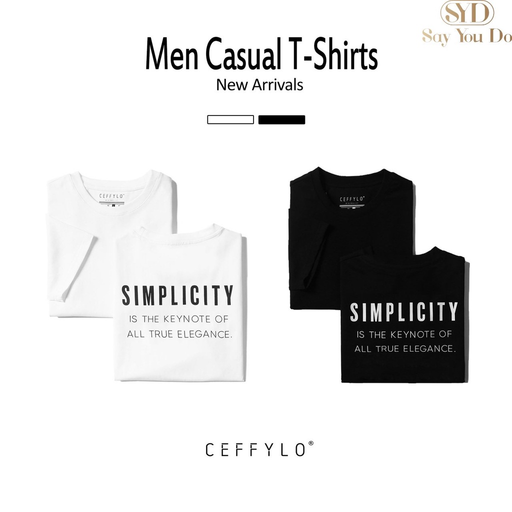 Áo Thun cổ tròn nam CEFFYLO In chữ Simplicity vải Cotton co giãn, dày dặn, form Slimfit T02