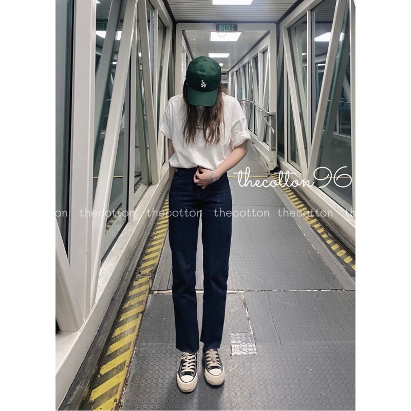 Quần Jeans Ống Đứng Cắt Gấu Xanh Đậm TheCotton Quần Jeans Nữ Lưng Cao Ảnh Thật