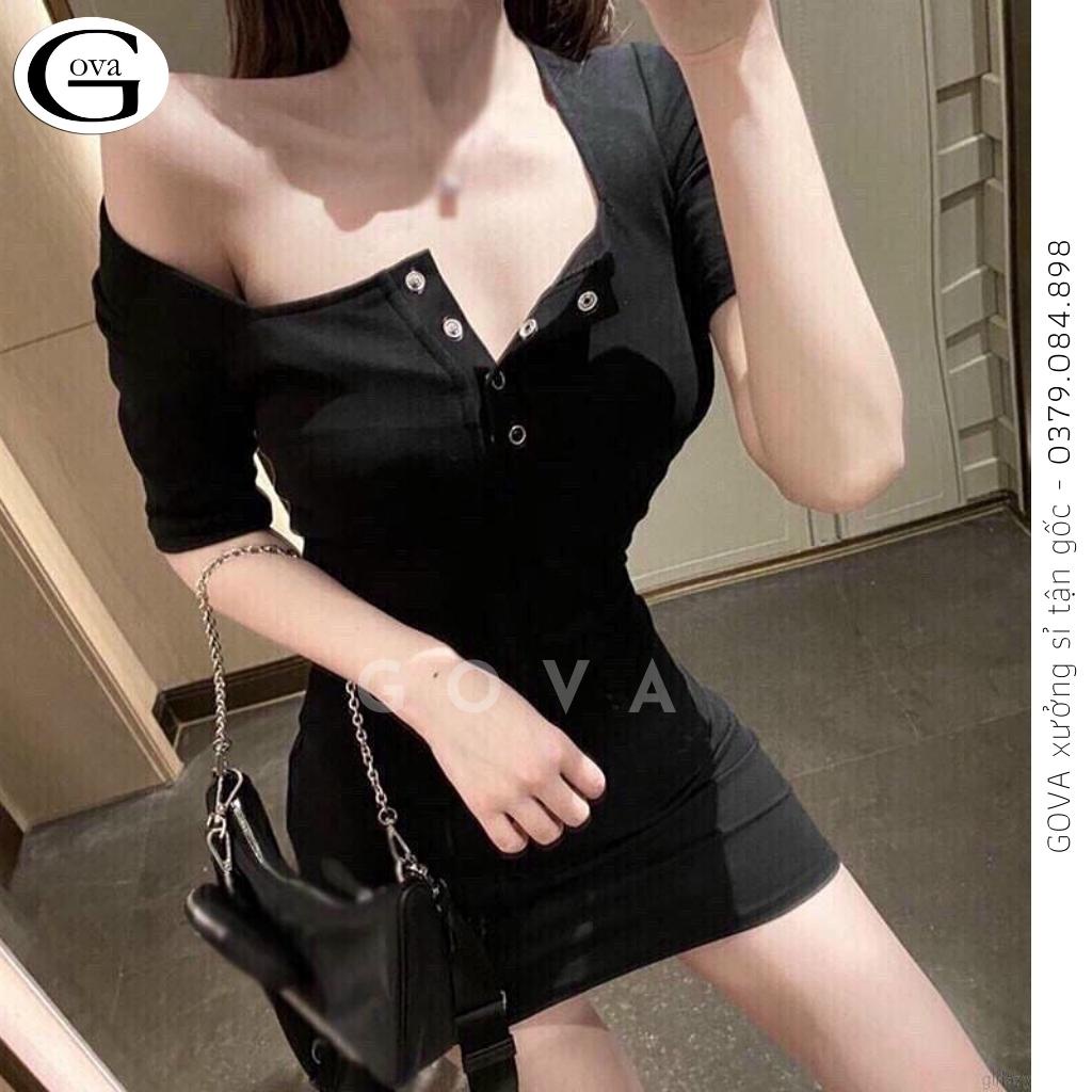 Đầm Váy Body Cổ Vuông CÚC BẤM Thun Gân Tay Ngắn Ôm Sexy Gợi Cảm GOVA