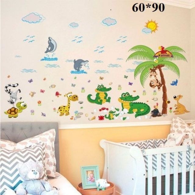 decal dán tường cá sấu và cây dừa