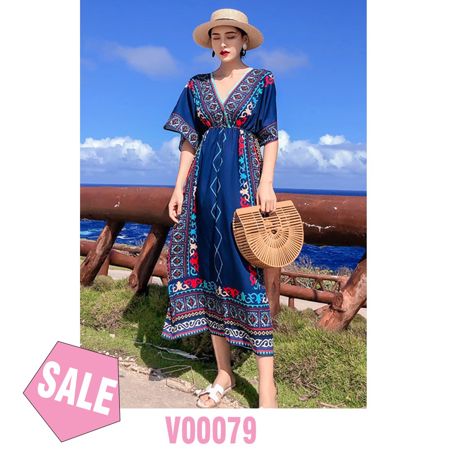 Váy Maxi Thổ Cẩm Boho Đi Biển Xòe Họa Tiết Hình Khối Tay Lỡ Thời Trang Du Lịch Hè V00079 | BigBuy360 - bigbuy360.vn
