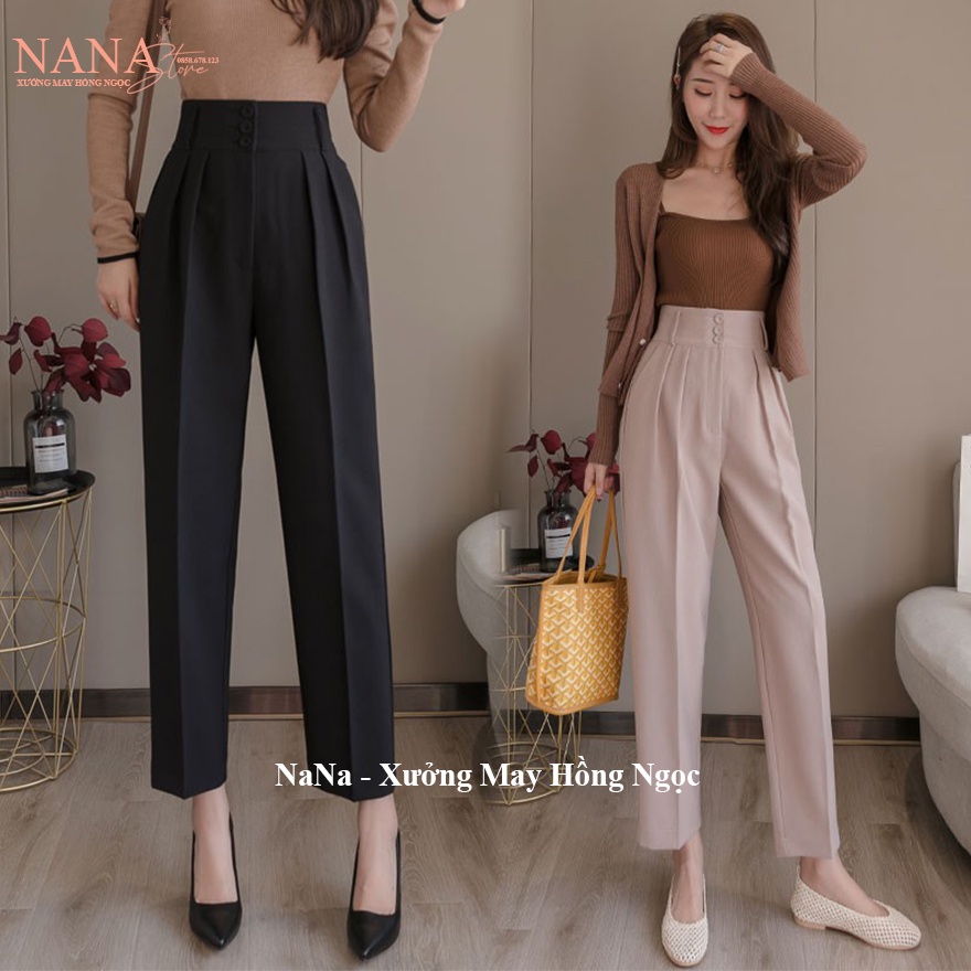 Quần baggy cạp cao bản to liền phối 3 khuy cúc cài dáng dài ống suông rộng - Màu Đen Kem - Vải tuyết mưa đi học công sở