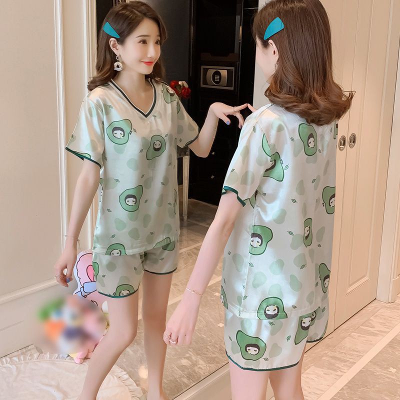 Bộ Đồ Ngủ Ngắn Tay Cổ Chữ V In Họa Tiết Xinh Xắn Dành Cho Nữ