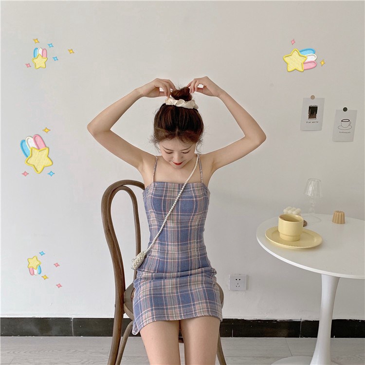 IELGY    Đầm Họa Tiết Kẻ Sọc Phong Cách Retro Pháp