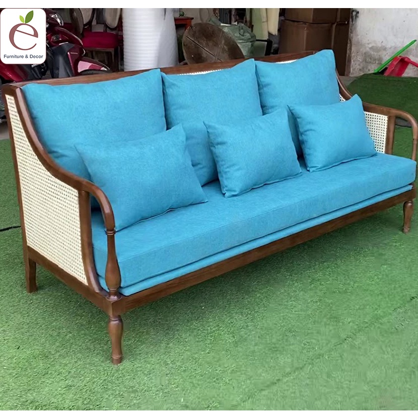 Sofa Văng Club Indochine - Sofa gỗ kết hợp đan mây tự nhiên, bọc vải, nỉ, da, màu tùy chọn. Hàng gia công tỉ mỉ.