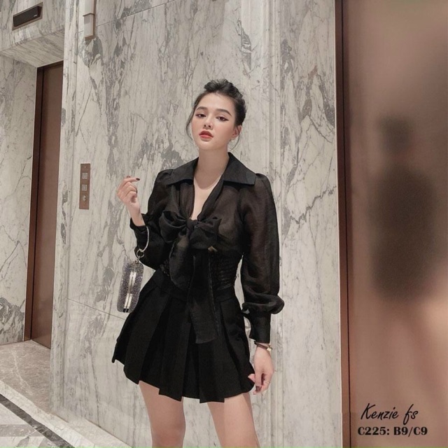 Áo sơ mi cột nơ ngực nhún eo {video& hình chụp thật}