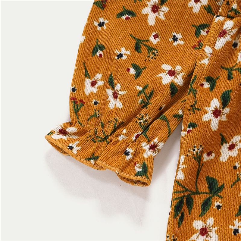 Đầm công chúa MIKRDOO tay dài vải nhung phối nơ in hoa dễ thương thời trang mùa thu cho bé gái