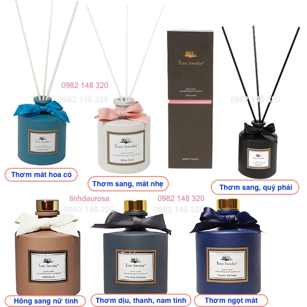 Bộ tinh dầu nước hoa khuếch tán thơm phòng cao cấp Enjoy Everyday, Reed Diffuser, kèm que, tặng hoa