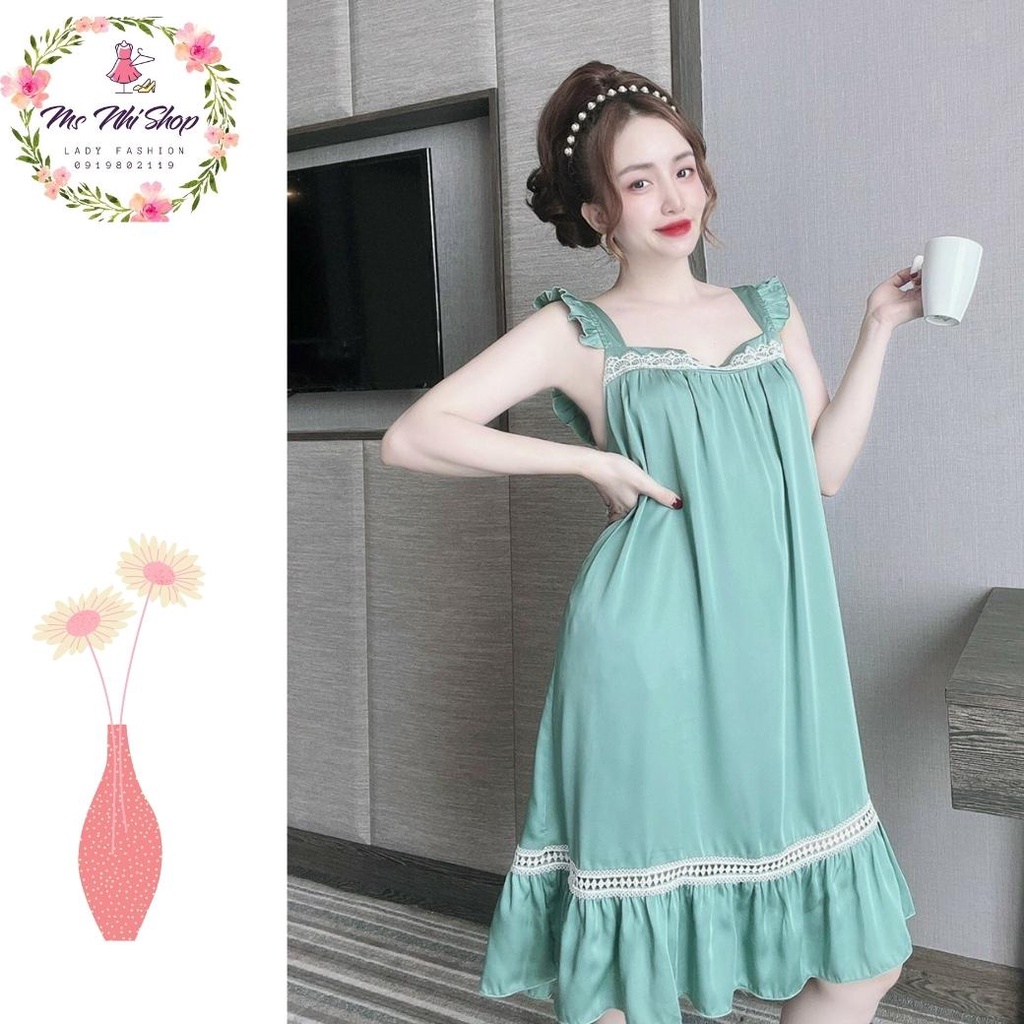 Đầm ngủ lụa latin, cổ vuông phối ren tay cánh tiên quyến rũ