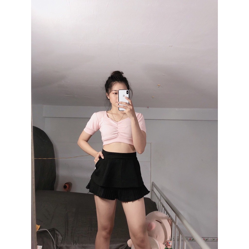 Áo kiểu dúm ngực xinh xinh tay phồng cute dáng croptop