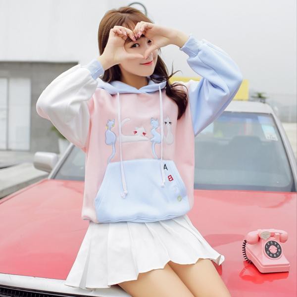 Áo Khoác Hoodie Nỉ Thời Trang Nữ In Nổi Hình 4 Con Mèo Cute Cho Mùa Đông