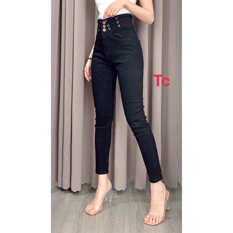 Quần bò cạp cao dây đan 2 bên