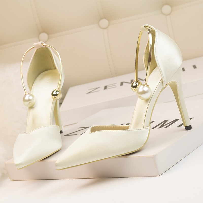 9219-73 Fashion Wedding Women's High Heel Shoes shallow Satin Hollow Metal Nightclub With A Word Wedding High Heel Shoes