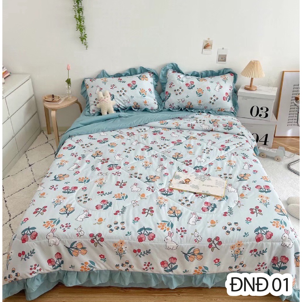 Trọn Bộ 5 Món Chăn Ga Gối Đũi Nhiệt Đới - Chăn Chần Bông - Chất Liệu Mát Nhiều Size