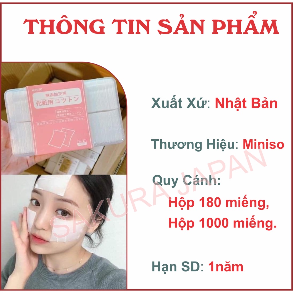 Bông tẩy trang Miniso 180 miếng hộp 1000 miếng 2 lớp dập viền chắc chắn