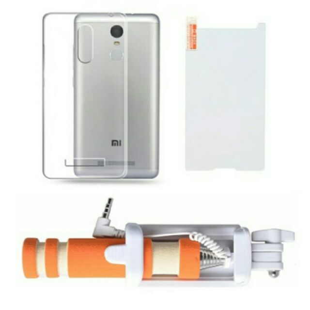 Bộ ốp lưng silicon Redmi Note 3 Pro (trắng) + Kính cường lực 2.5 D + Gậy
