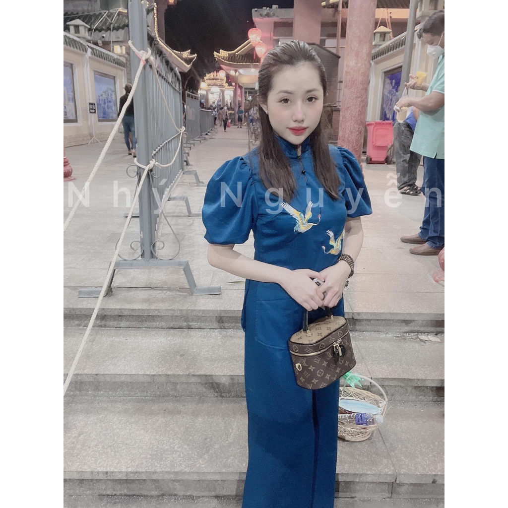 ( HCM ) Mẫu Phật Tử Thêu Hạc Chất Vải Cát Nhung MÀU XANH