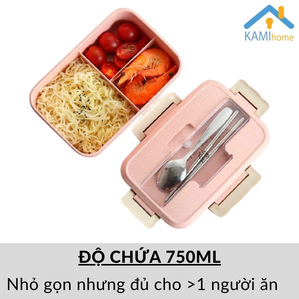 Hộp cơm đựng thức ăn văn phòng 1 tầng 3 ngăn 750ml hâm nóng trong Lò vi sóng nắp chống tràn Kami21014