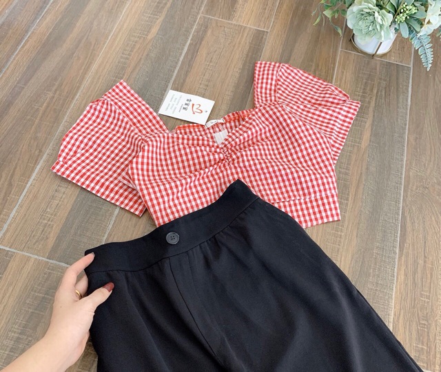 sét đồ nữBộ Quần Culottes Áo Croptop Kẻ Đỏ  Set Nữ Quần Dài Áo Ngắn Cộc Tay  set quần áo xinh