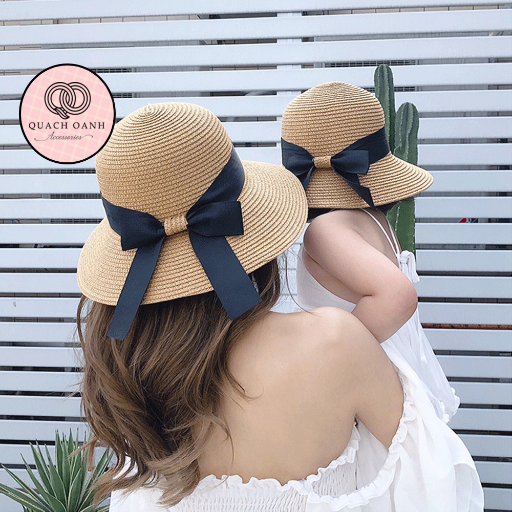 Mũ cói mềm, nón cói đi biển cho mẹ và bé vành rộng đai nơ phong cách vintage chống nắng – MU33