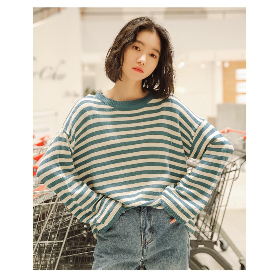 Áo LONA Sweater form rộng sọc ngang xanh A24017