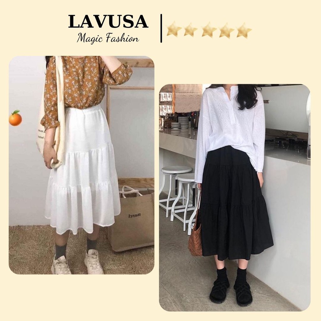 Chân váy dài qua gối chất đẹp nhất ngành - chân váy midi 3 tầng chất voan mềm đẹp Lavusa - CV10