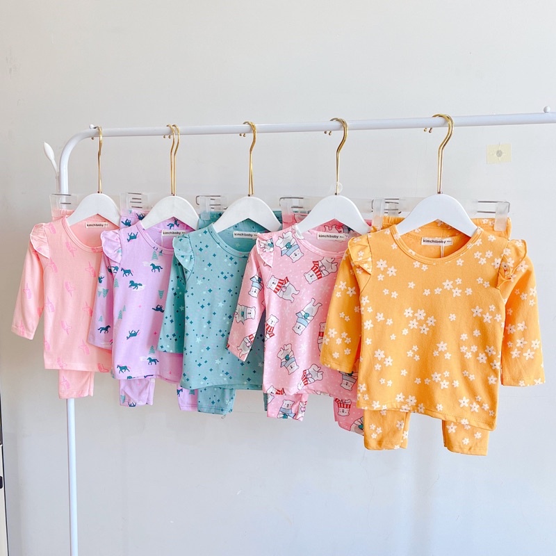 Bộ cotton bozip bé gái tay cánh tiên hoạ tiết siêu xinh - đồ bộ cho bé mặc nhà thu đông