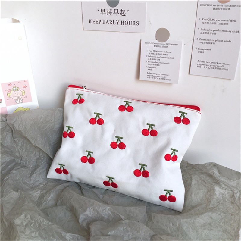 Túi canvas đựng đồ trang điểm thêu hình cherry dễ thương