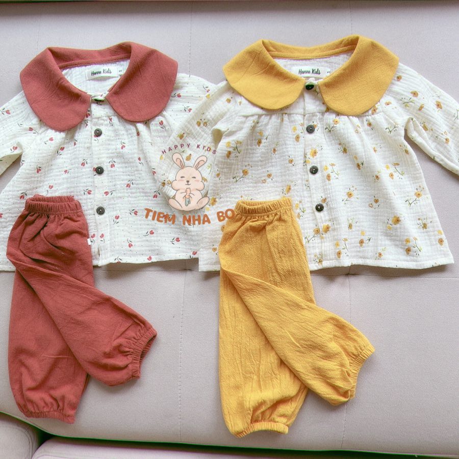 Bộ thu đông bé gái, bộ dài tay cổ sen cho bé vải xô muslin từ 5-15kg TNB