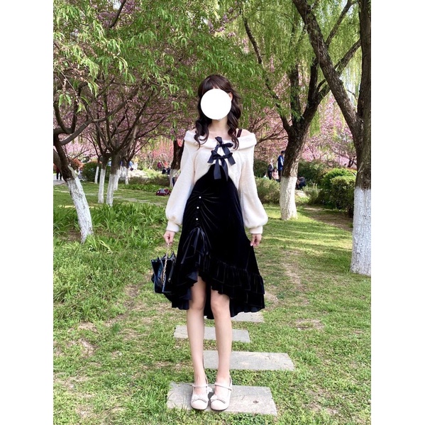 YAS0305-Set áo váy nhung đuôi cá phong cách retro