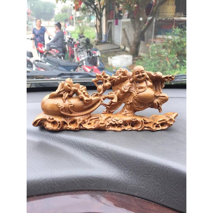 Tượng Gỗ Trang Trí Phòng Làm Việc, Taplo Ô Tô- Hình Phật Di Lặc Kéo Bao