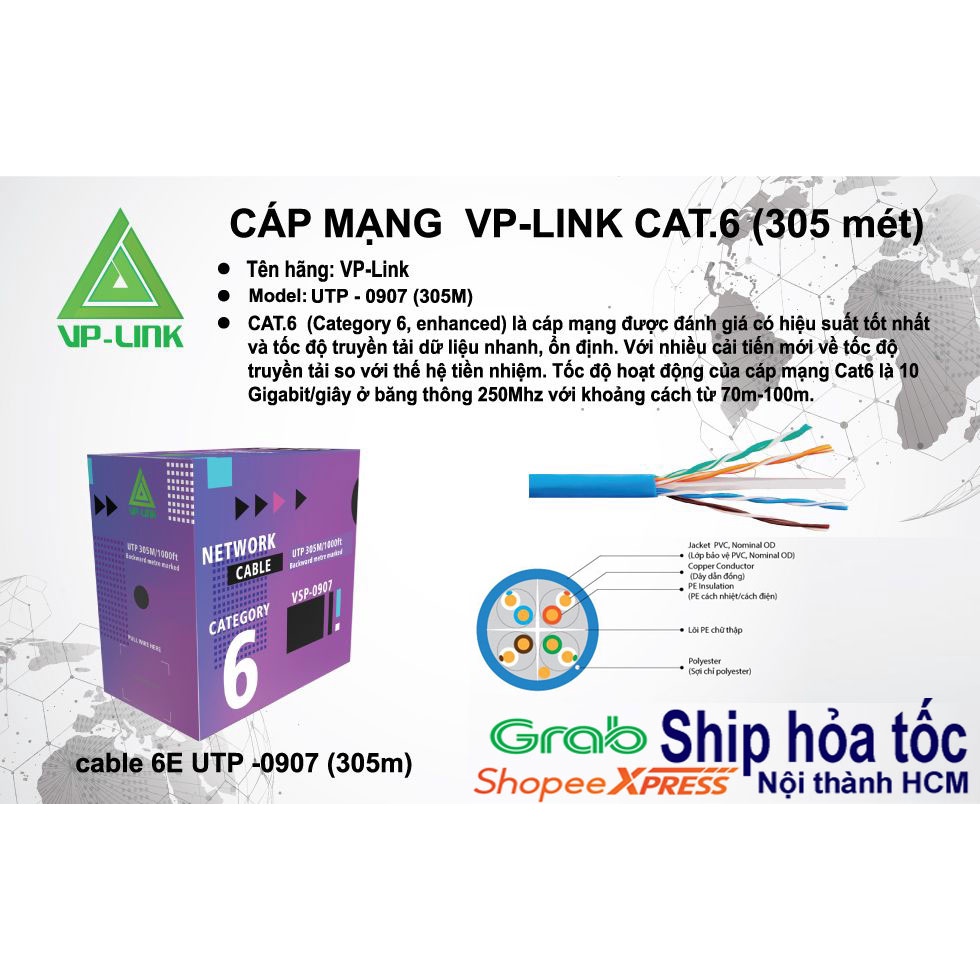 CÁP MẠNG VP-LINK CAT6 (305M) CHÍNH HÃNG - CÁP LAN CAT6 C0S LÕI CHỮ THẬP CHỐNG NHIỄU
