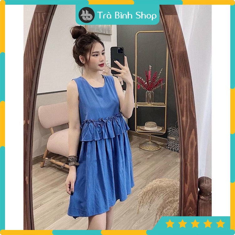 Đầm sát nách cổ tròn thắt eo Váy chiết eo ba lỗ xanh than siêu đẹp