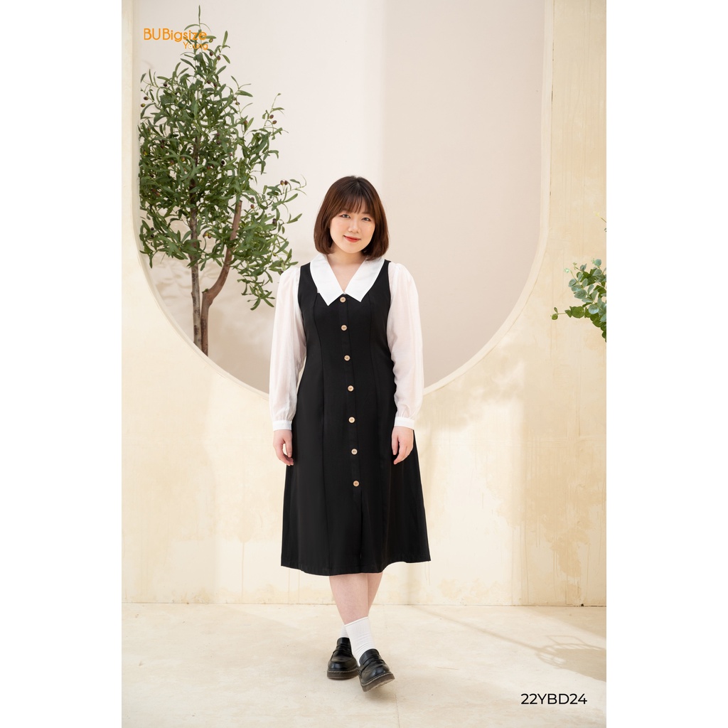 Set áo trắng tay bồng cổ v + Yếm dài đen BIGSIZE (55kg đến 95kg) - 22YBD24 - [BU Bigsize Young]