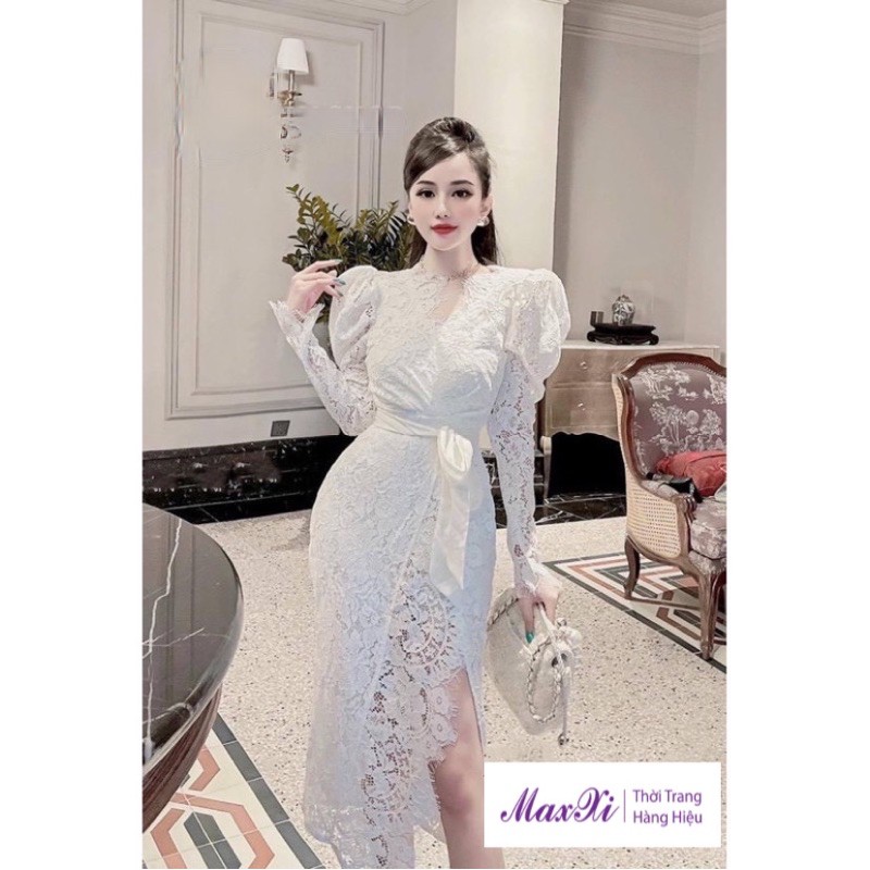 Đầm Body Nữ Phối Ren Vai Bồng Xẻ Đùi