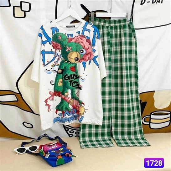 Set đồ bộ quần caro vải kate cartoon hoạt hình .Unisex form rộng SunnyHouse Mã SP001857
