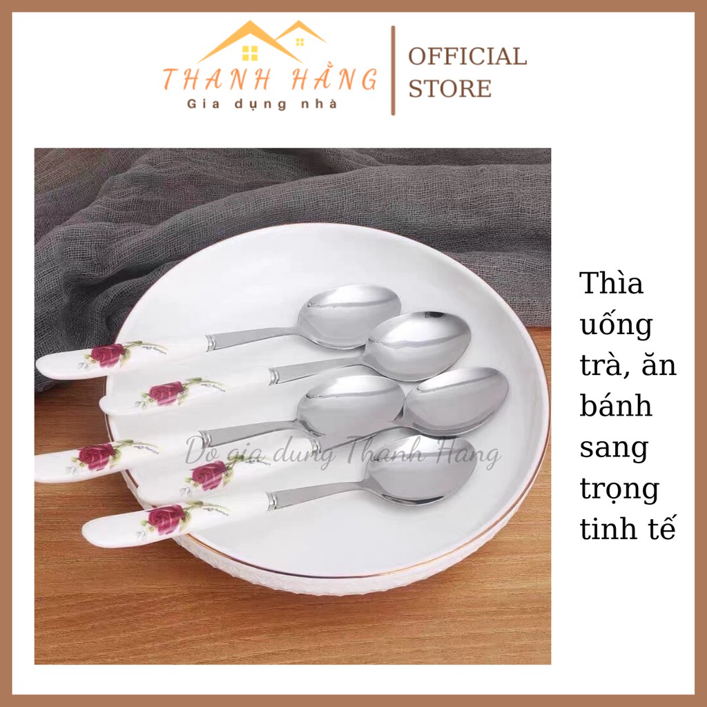 Thìa dĩa inox bọc sứ hoa sang trọng freeship thìa uống trà ăn bánh nĩa ăn hoa quả đẹp mini