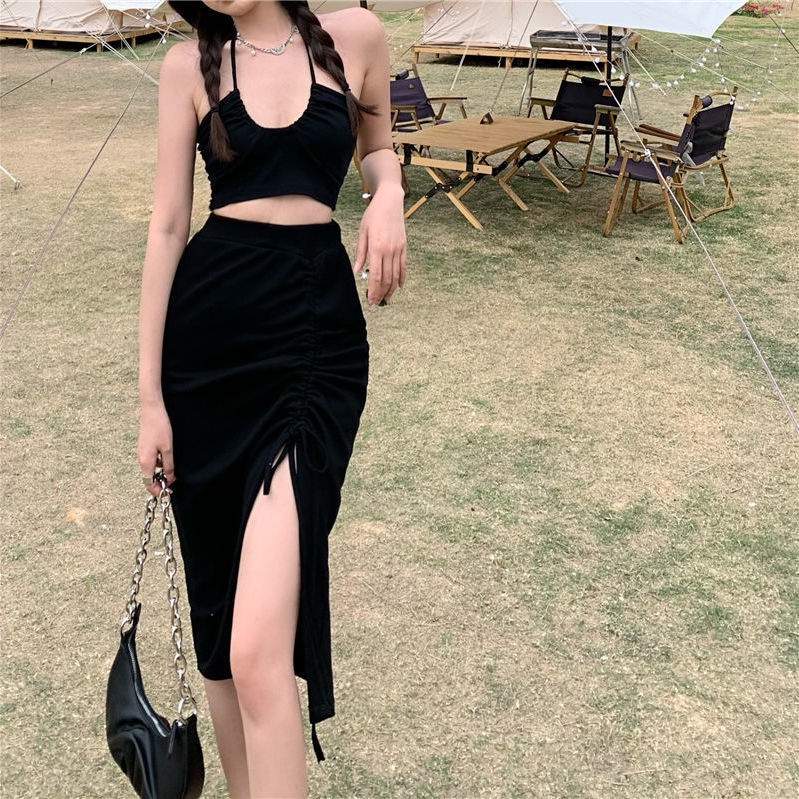 Chân váy COZOKC lưng cao phối dây rút xếp ly thiết kế lệch tà