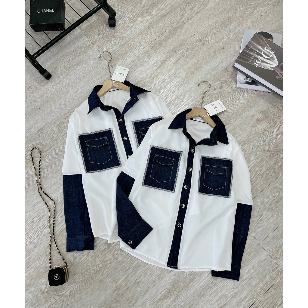 Áo sơ mi trắng nữ dáng rộng phối bò  chất thô mềm mại cá tính SM029 | BigBuy360 - bigbuy360.vn
