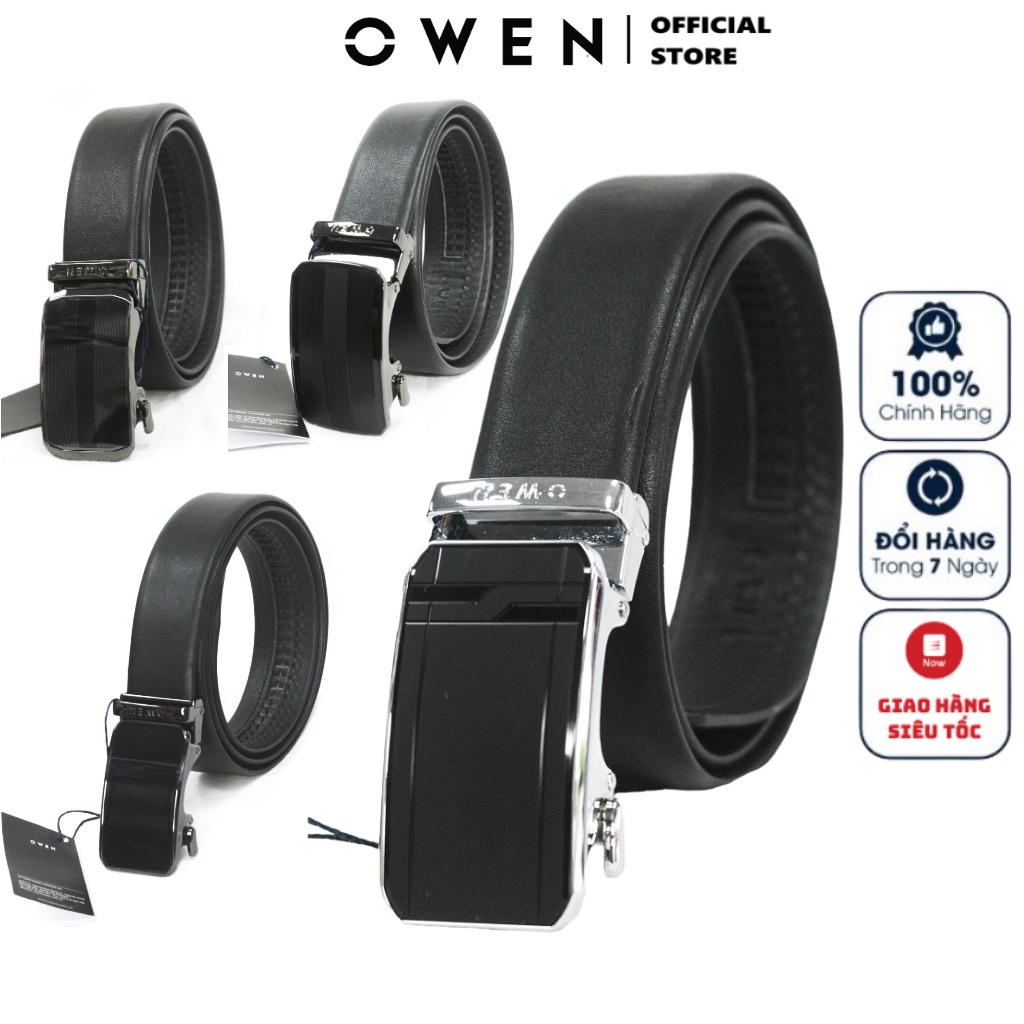 Thắt Lưng Da Bò Nam Owen Dây Da Thật Màu Đen Cao Cấp Nịt Nam Mặt Hợp Kim Đúc Nguyên Khối Khóa Trượt Tự Động Nhiều Mẫu
