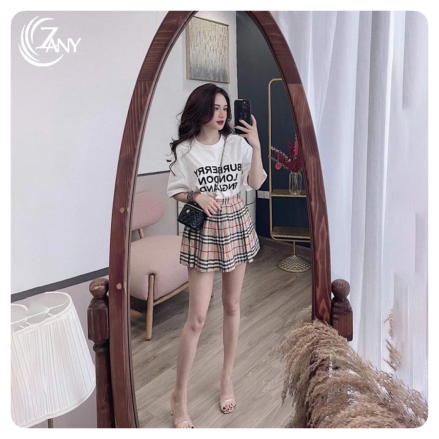 Set Áo Thun Kèm Chân Váy Xếp ZANY Chất Vải Kate Hoạ Tiết Sọc Caro Nữ Tính