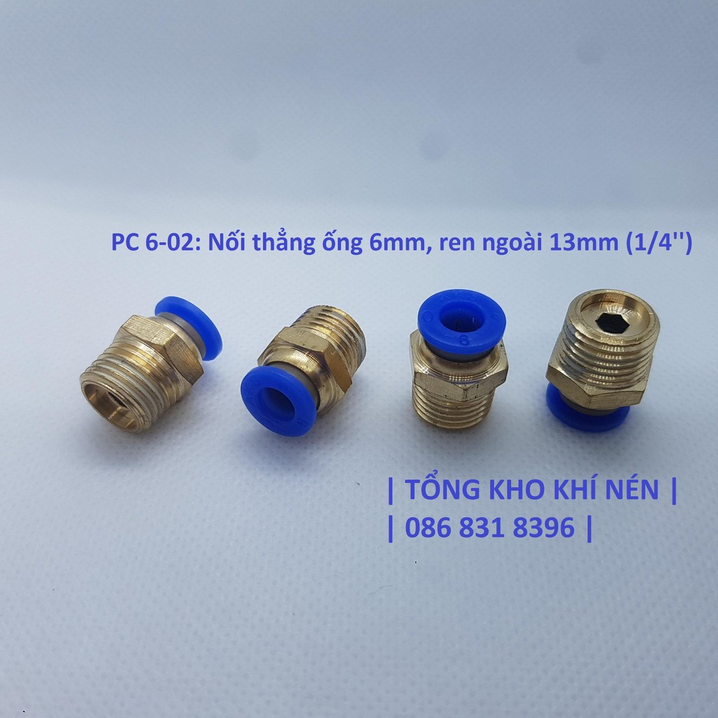 [TỔNG KHO KHÍ NÉN]  Đầu nối nhanh thẳng ren ngoài khí nén, phun xương, dây hơi 6mm, ren ngoài m5; 10; 13; 17; 21mm, PC6