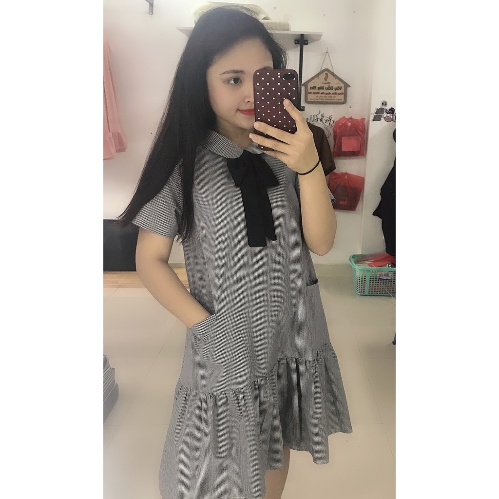 Váy Bầu Công Sở - Đầm Bầu GUME kẻ caro đen dáng đuôi cá nơ cổ chất vải thô cotton mềm mát size từ 40-100kg  MYC1188